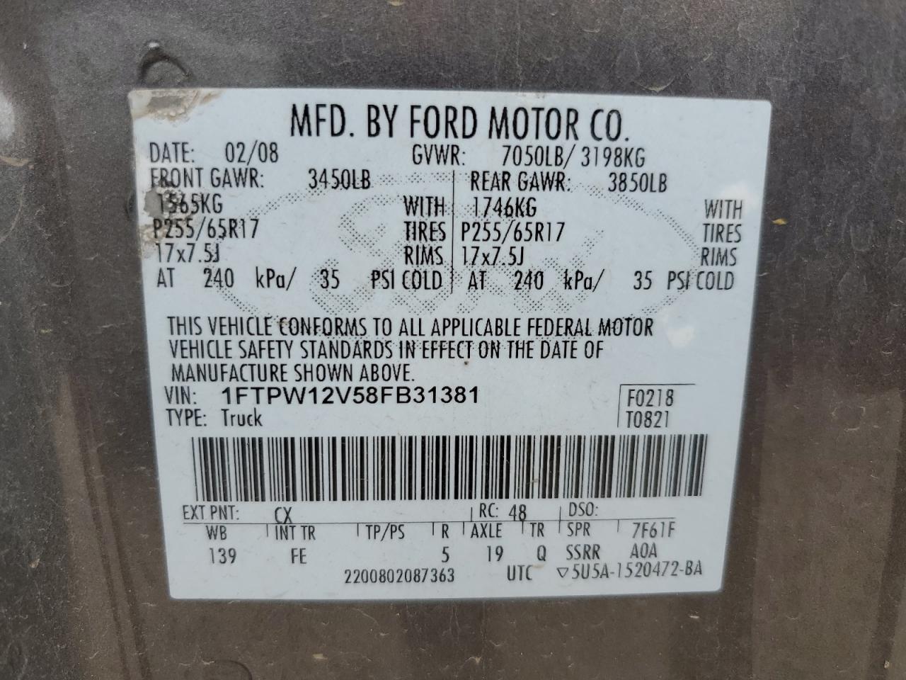 1FTPW12V58FB31381 2008 Ford F150 Supercrew