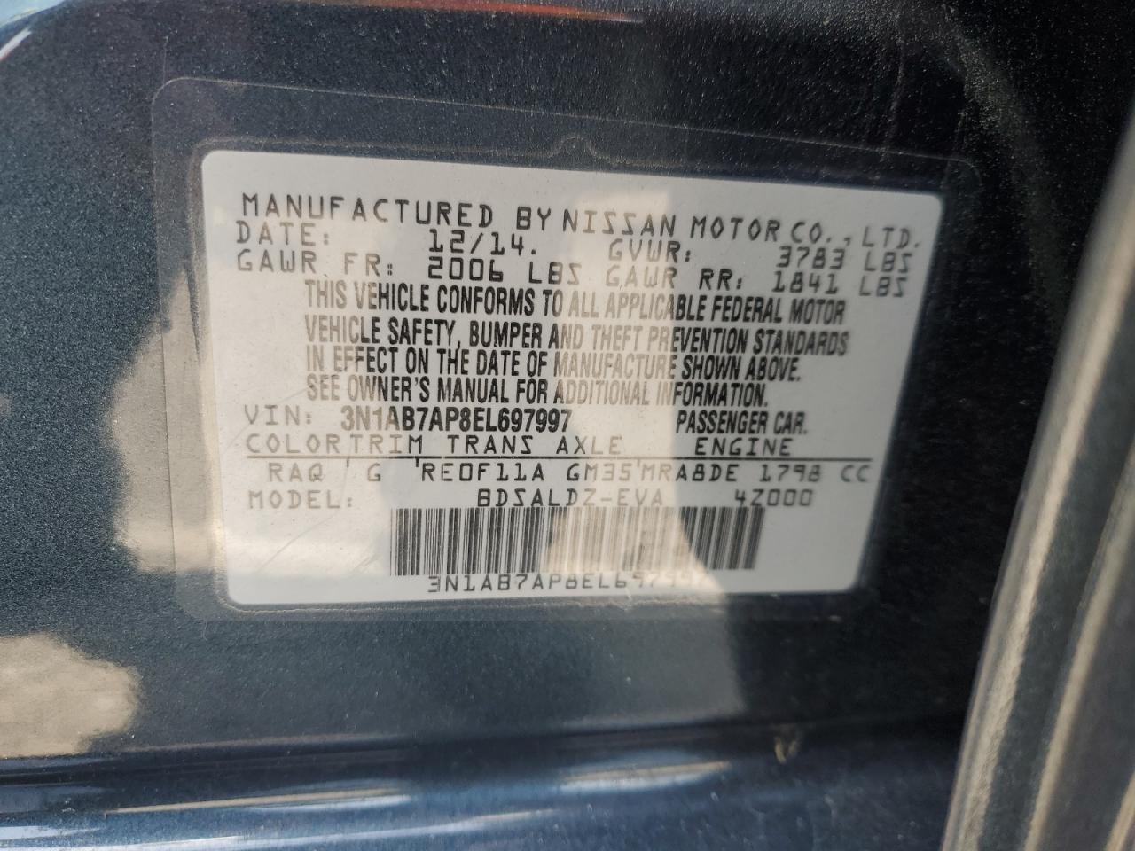 3N1AB7AP8EL697997 2014 Nissan Sentra S