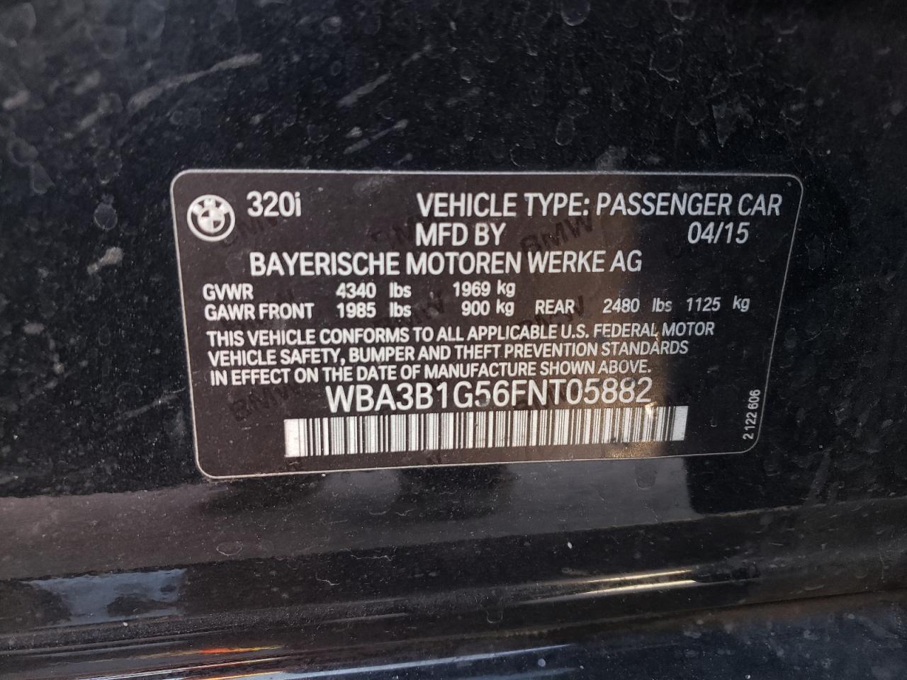 WBA3B1G56FNT05882 2015 BMW 320 I