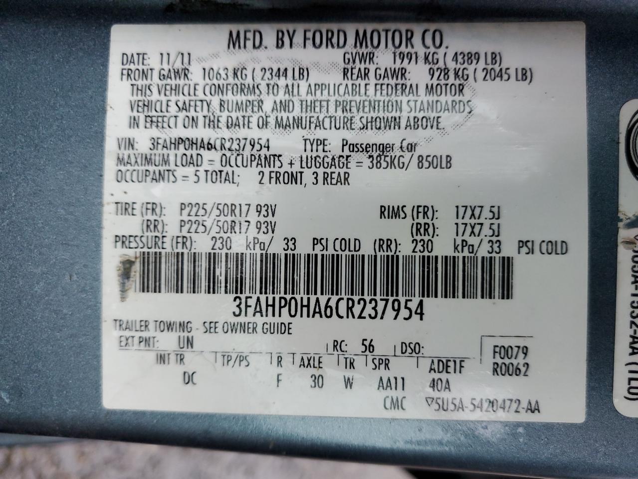 3FAHP0HA6CR237954 2012 Ford Fusion Se