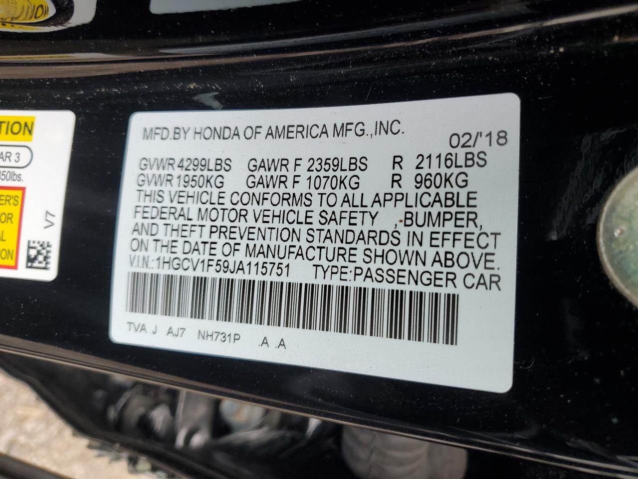 1HGCV1F59JA115751 2018 Honda Accord Exl