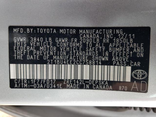 2012 Toyota Corolla Base VIN: 2T1BU4EE2CC758814 Lot: 56278974