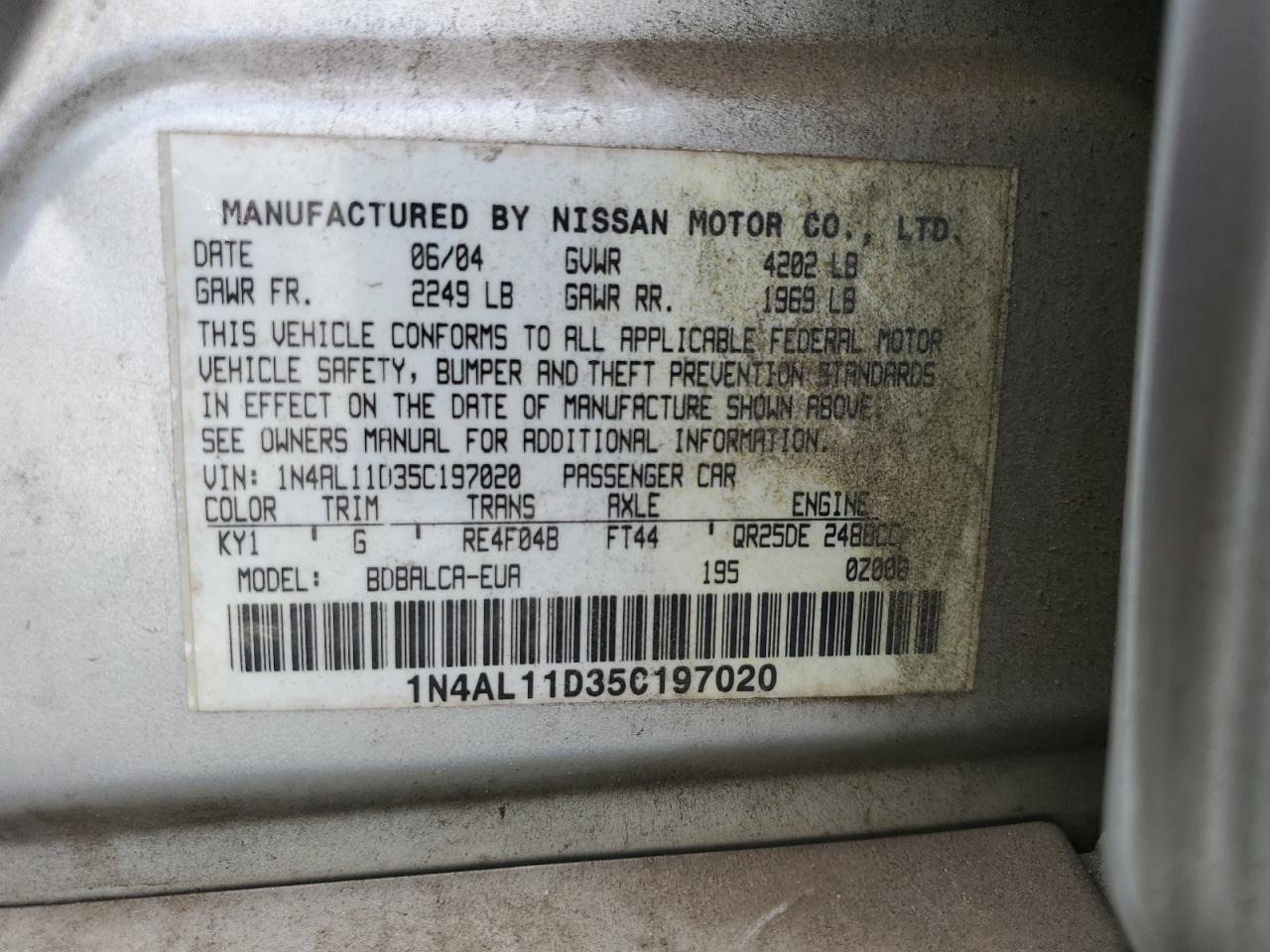 1N4AL11D35C197020 2005 Nissan Altima S