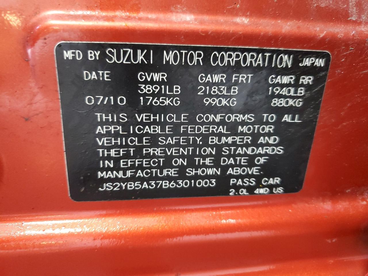 JS2YB5A37B6301003 2011 Suzuki Sx4