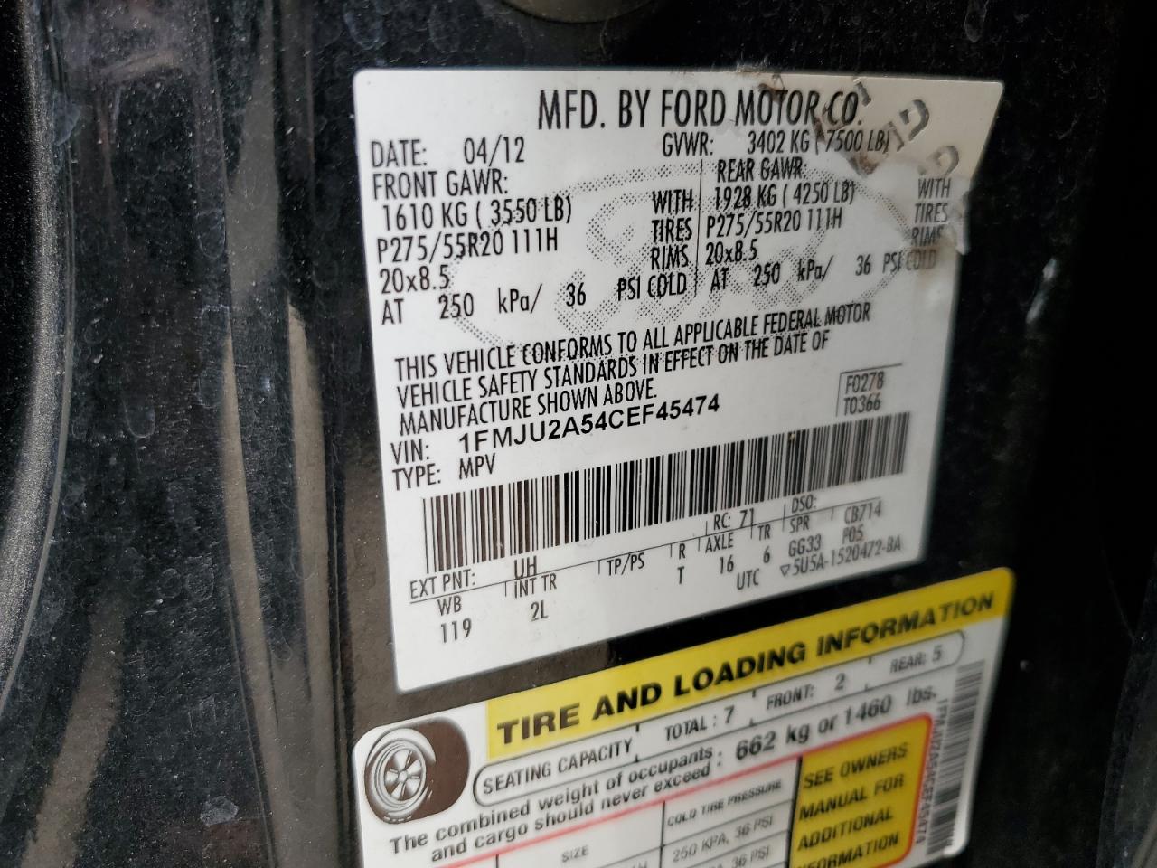 1FMJU2A54CEF45474 2012 Ford Expedition Limited