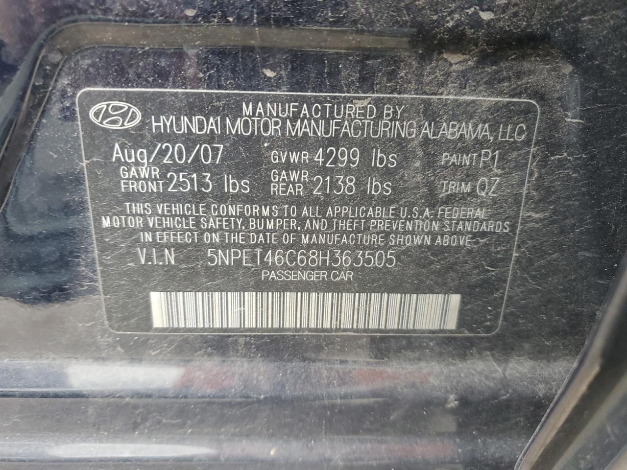 5NPET46C68H363505 2008 Hyundai Sonata Gls