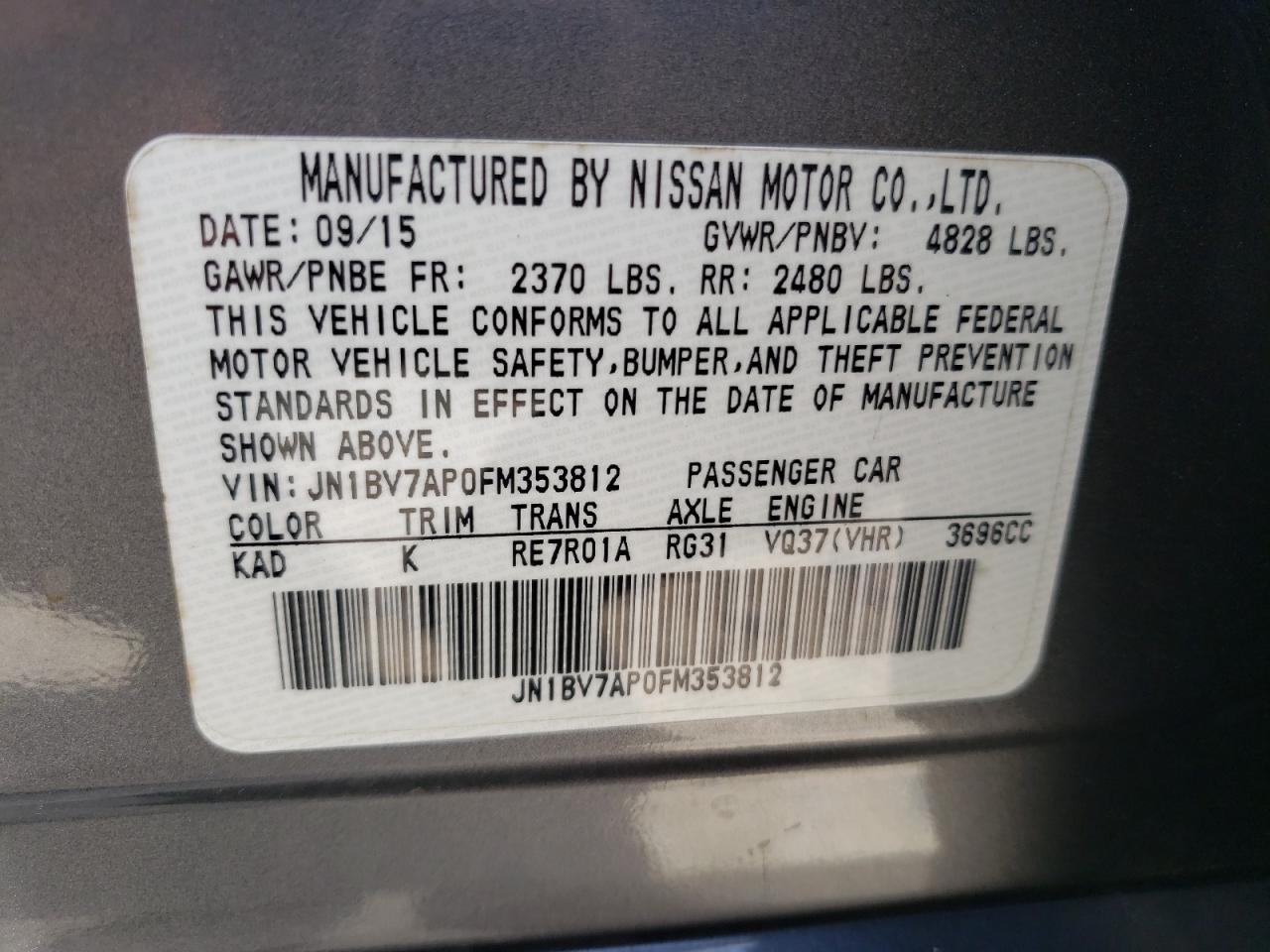 JN1BV7AP0FM353812 2015 Infiniti Q50 Base