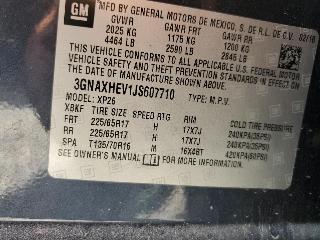 3GNAXHEV1JS607710 2018 Chevrolet Equinox Ls