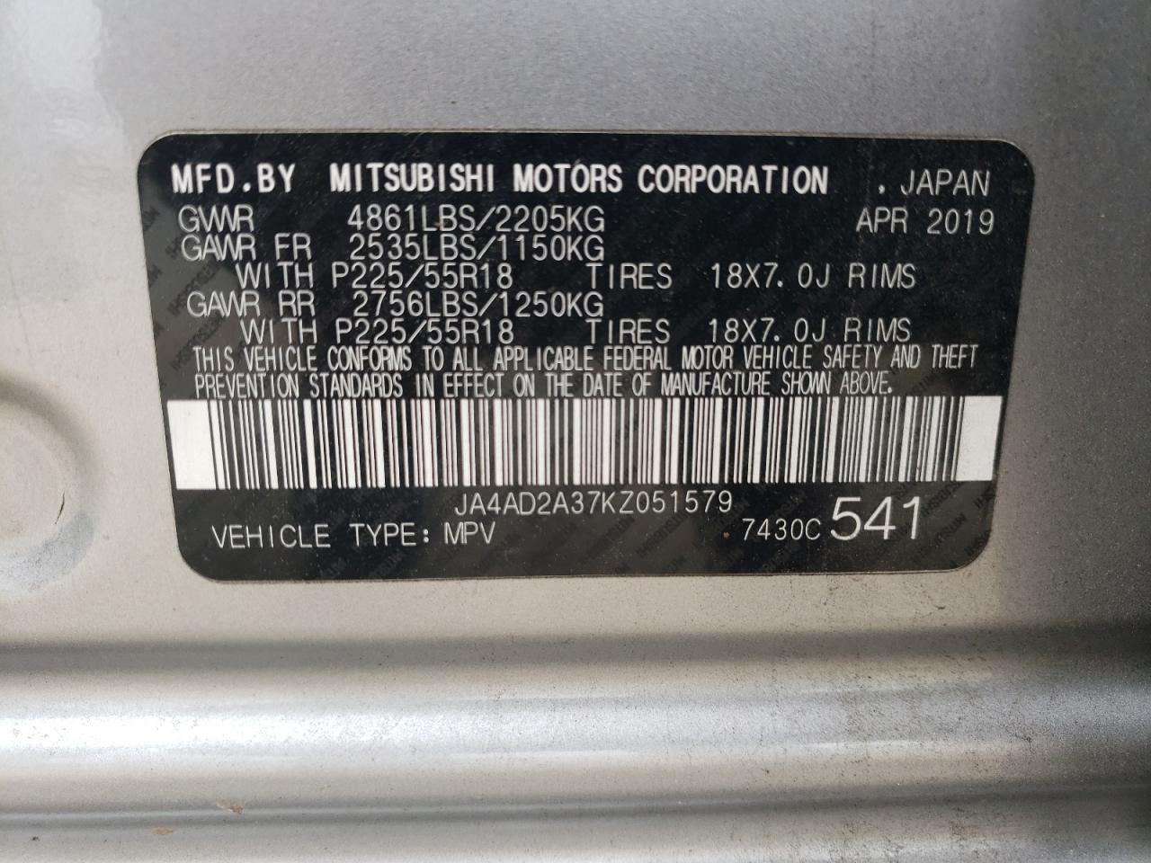 JA4AD2A37KZ051579 2019 Mitsubishi Outlander Es