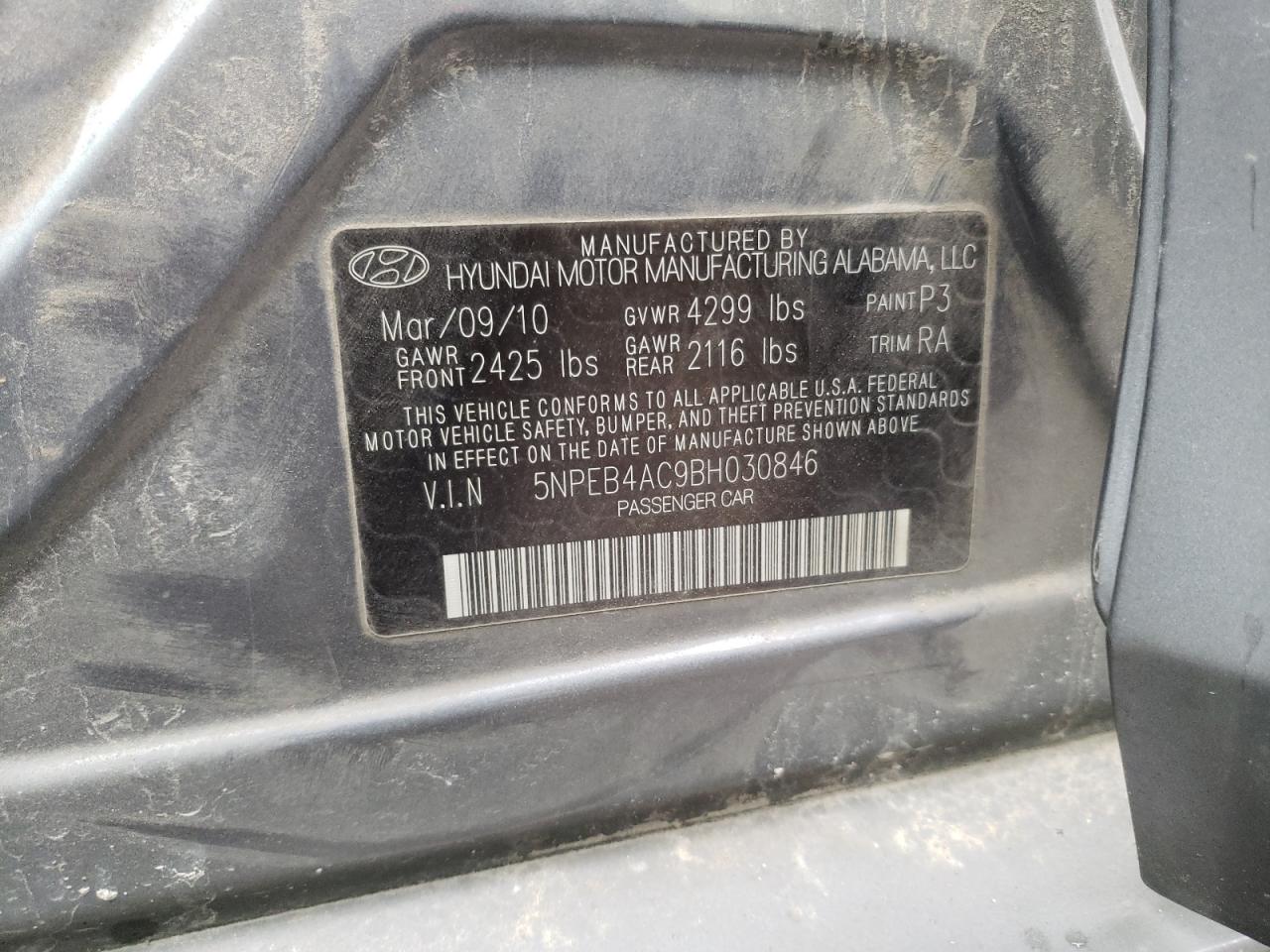 5NPEB4AC9BH030846 2011 Hyundai Sonata Gls