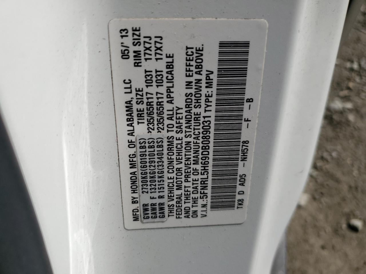 2013 Honda Odyssey Exl vin: 5FNRL5H69DB089031