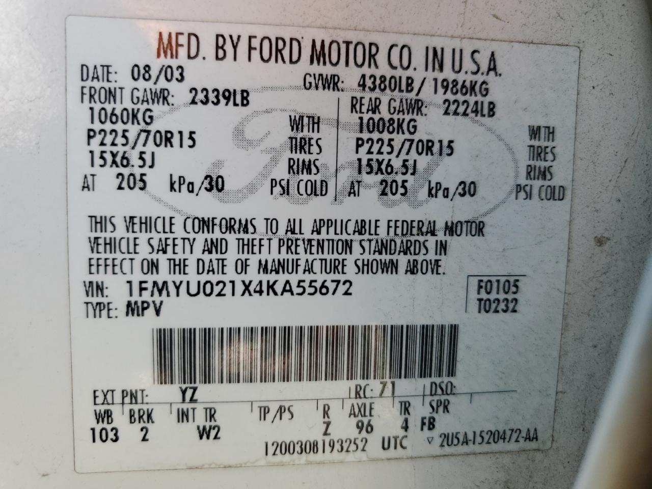 1FMYU021X4KA55672 2004 Ford Escape Xls