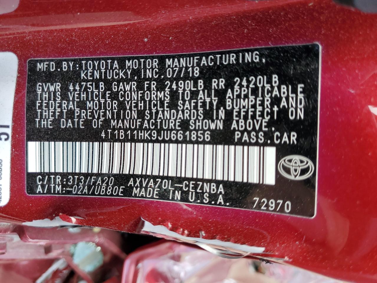 4T1B11HK9JU661856 2018 Toyota Camry L