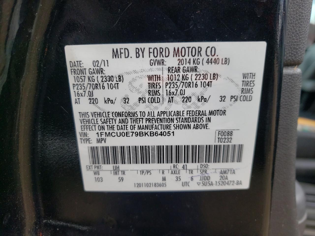 1FMCU0E79BKB64051 2011 Ford Escape Limited