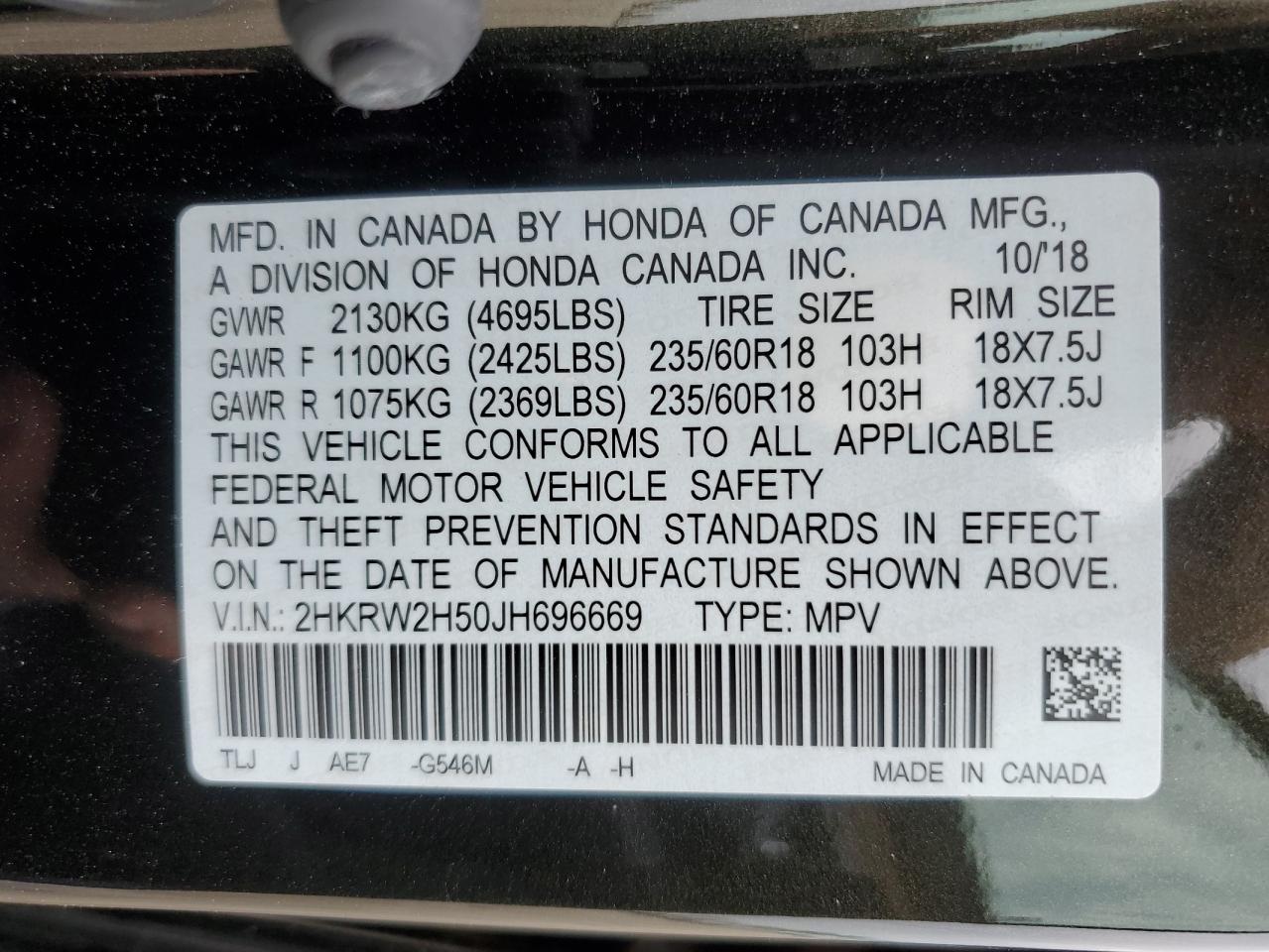 2HKRW2H50JH696669 2018 Honda Cr-V Ex