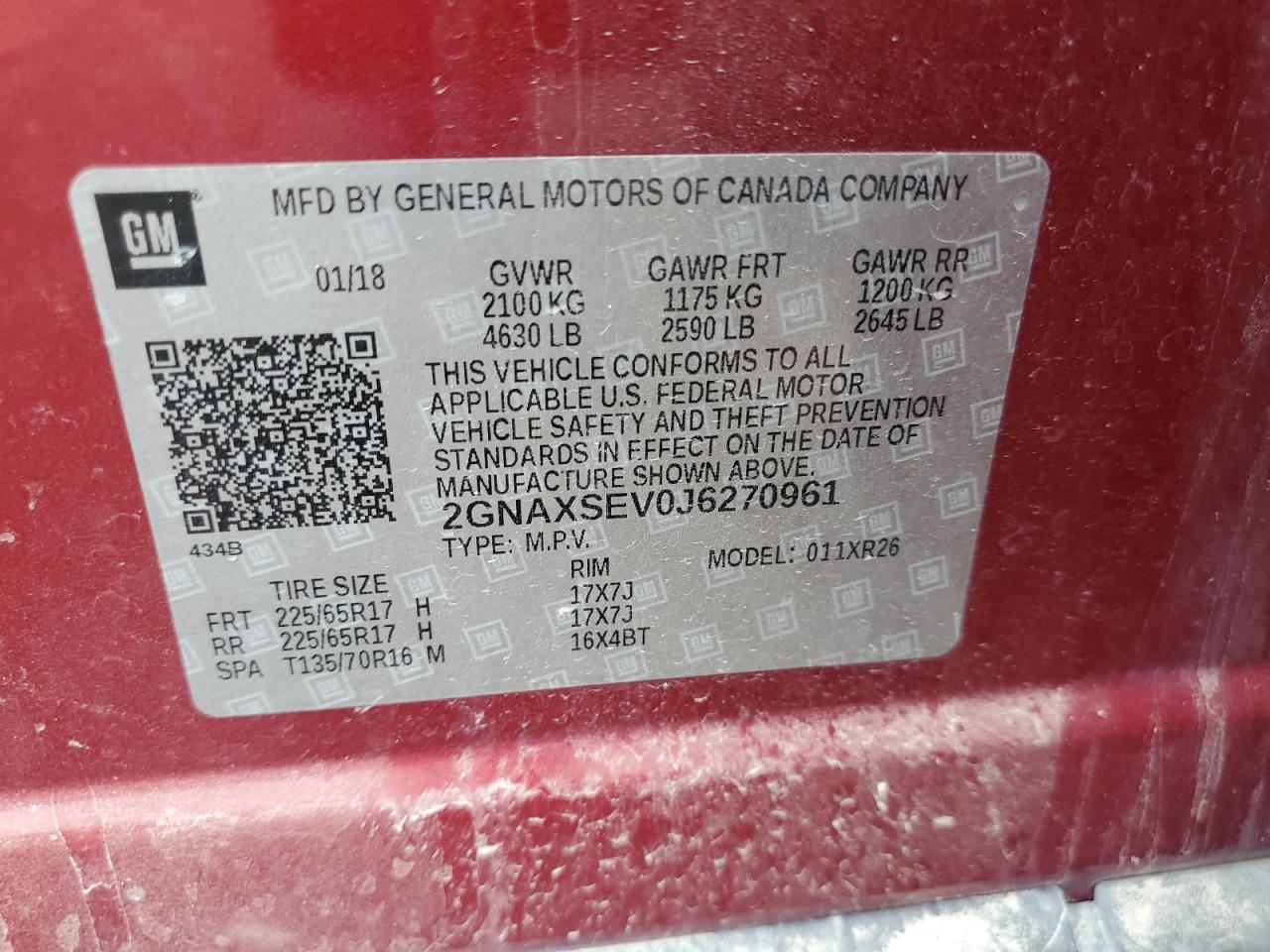 2GNAXSEV0J6270961 2018 Chevrolet Equinox Lt