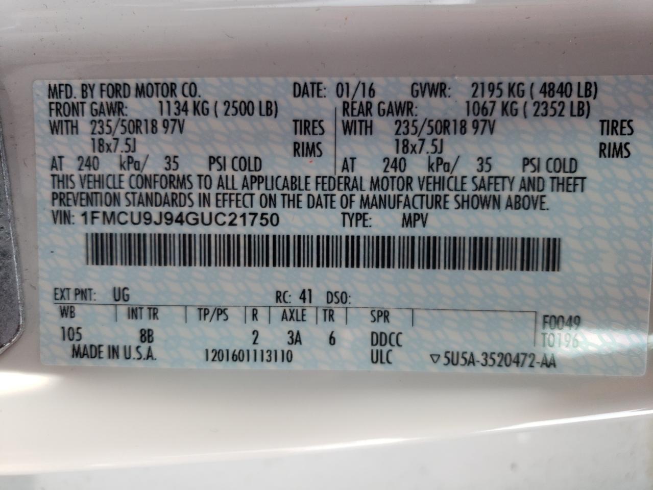 1FMCU9J94GUC21750 2016 Ford Escape Titanium