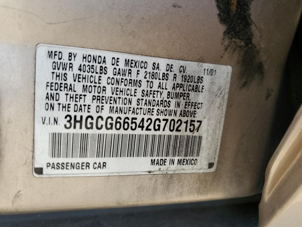 3HGCG66542G702157 2002 Honda Accord Lx