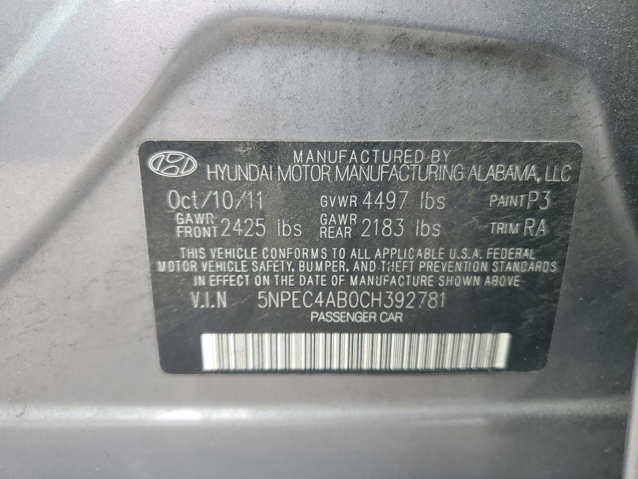 5NPEC4AB0CH392781 2012 Hyundai Sonata Se