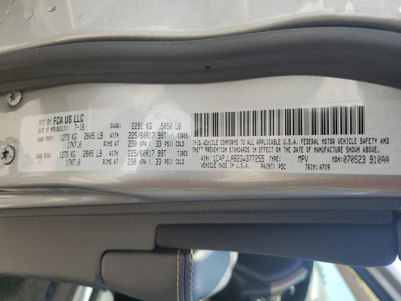 1C4PJLAB2GW377255 2016 Jeep Cherokee Sport