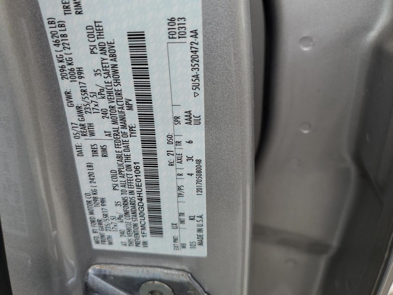 VIN: 1FMCU0GD4HUE01061 2017 FORD ESCAPE