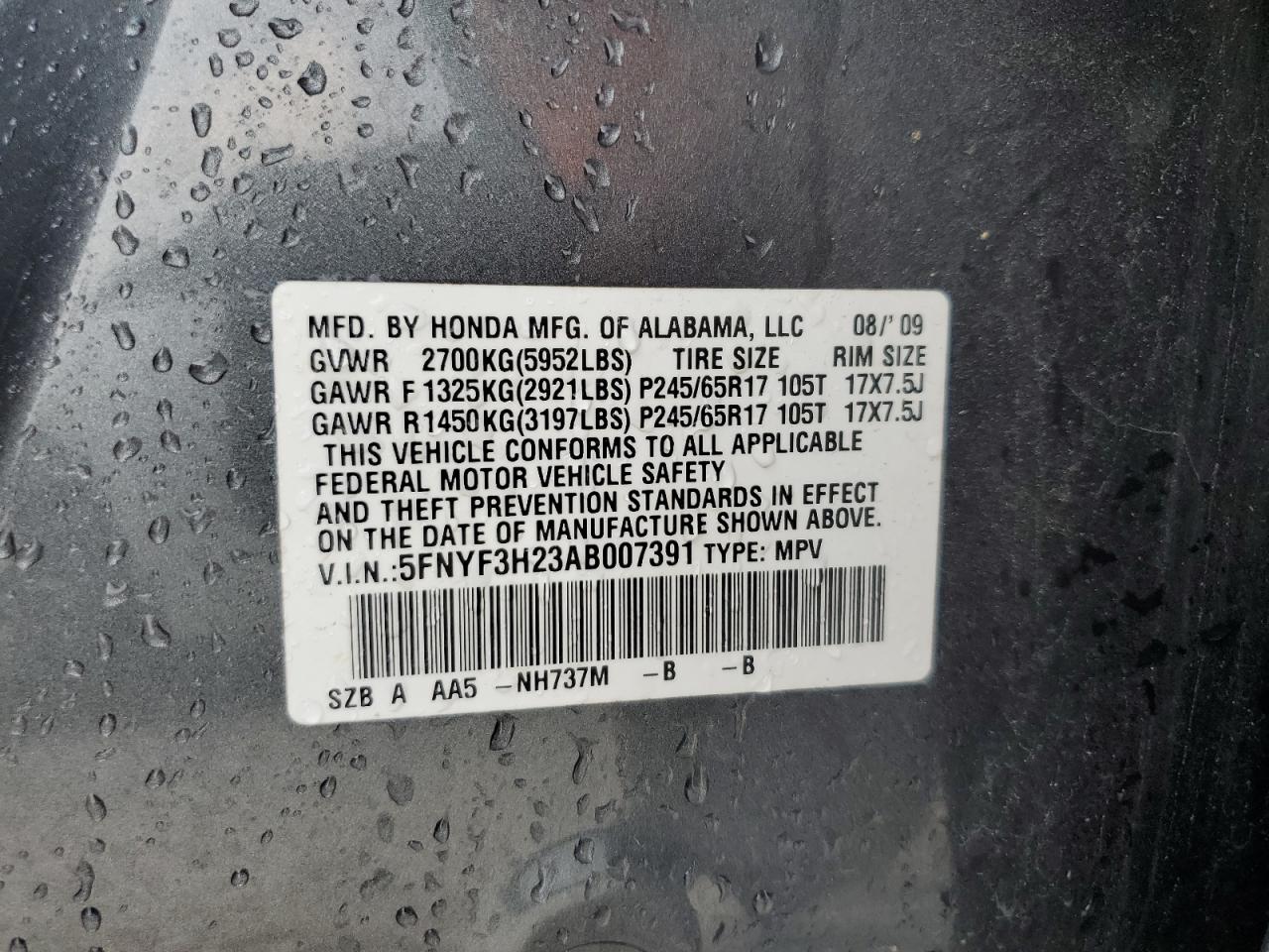 5FNYF3H23AB007391 2010 Honda Pilot Lx