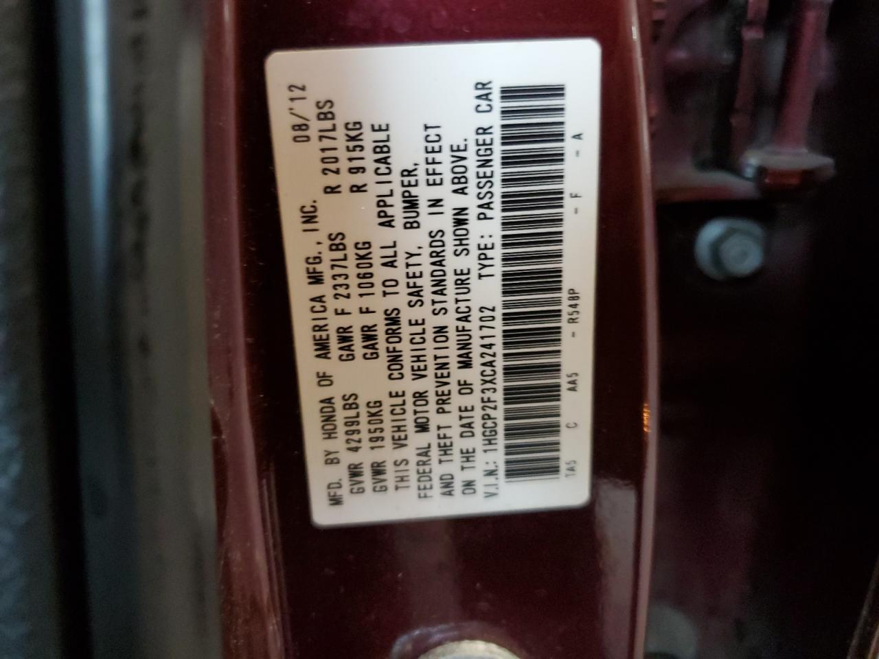 1HGCP2F3XCA241702 2012 Honda Accord Lx