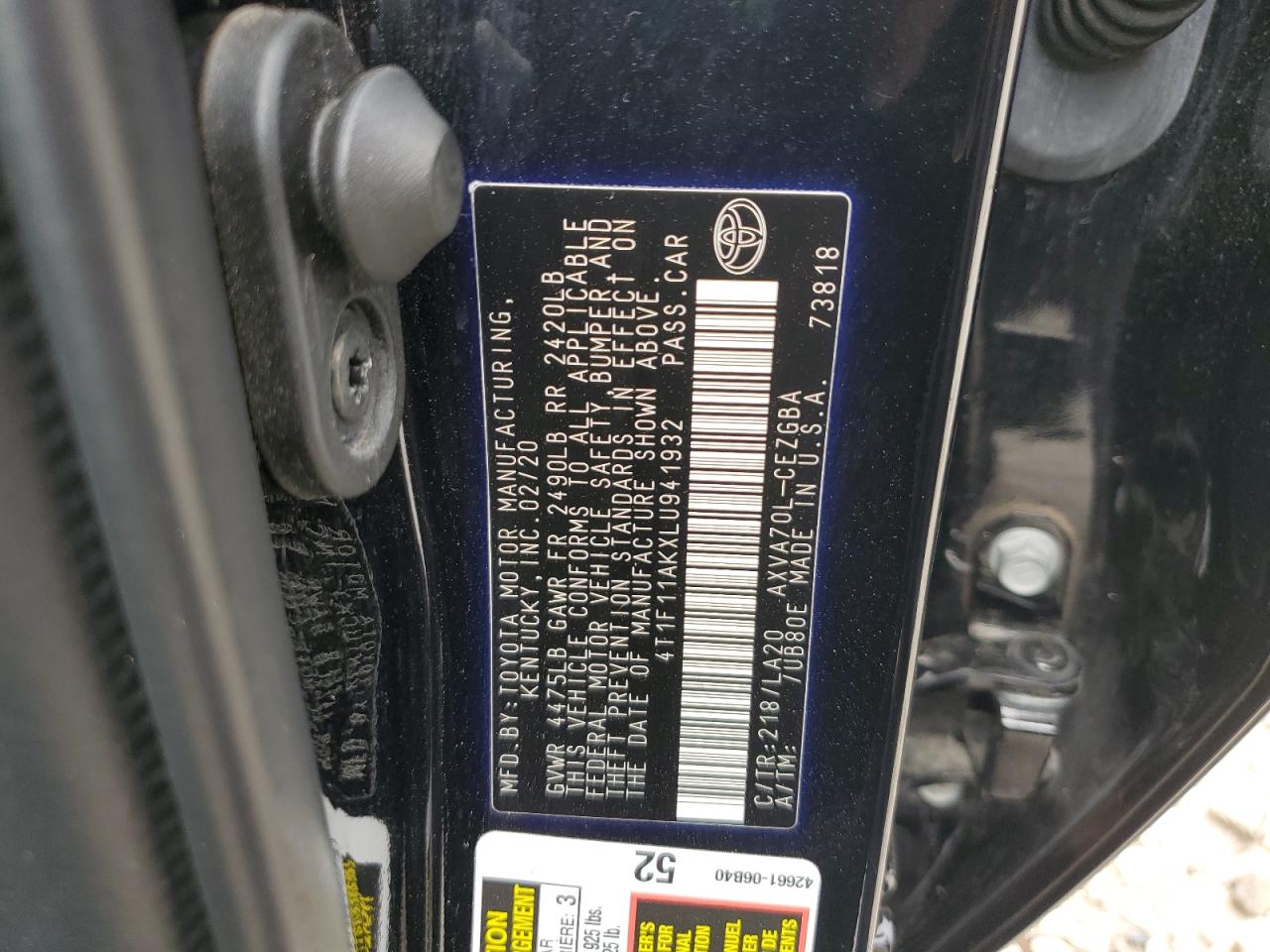 4T1F11AKXLU941932 2020 Toyota Camry Xle