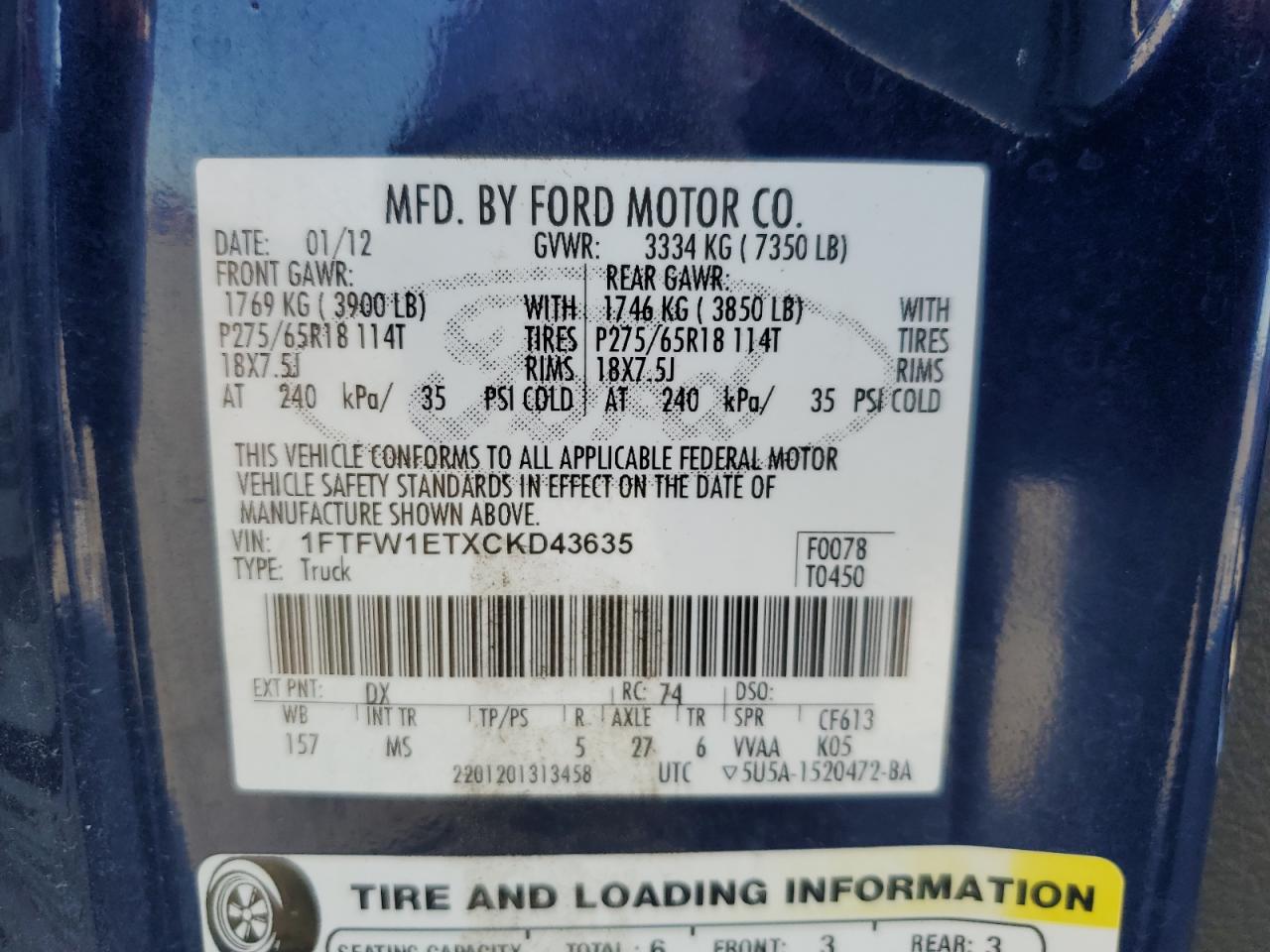 1FTFW1ETXCKD43635 2012 Ford F150 Supercrew