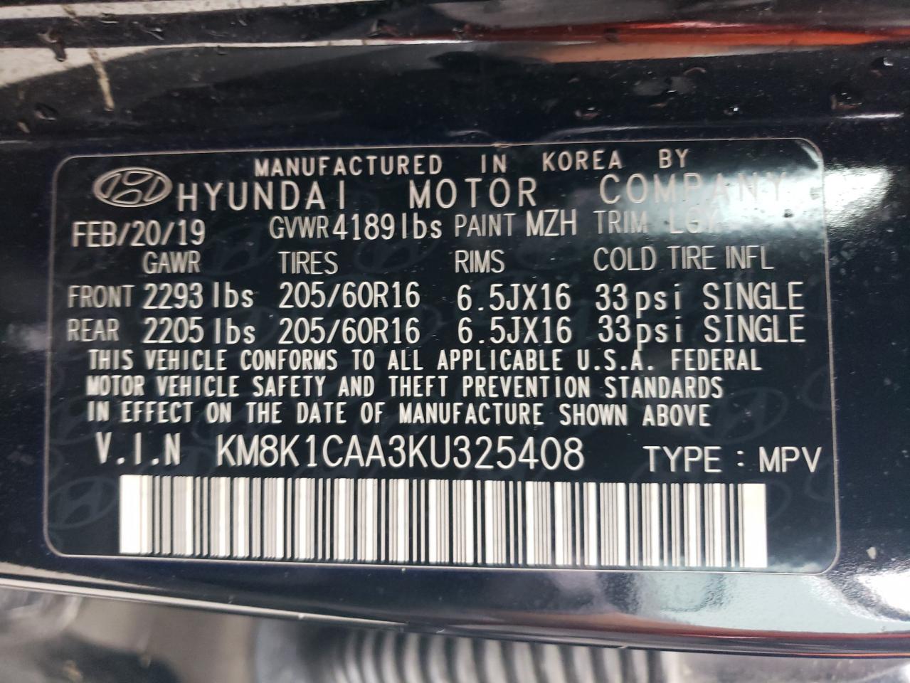 KM8K1CAA3KU325408 2019 Hyundai Kona Se