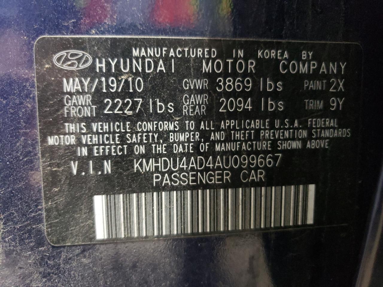 KMHDU4AD4AU099667 2010 Hyundai Elantra Blue