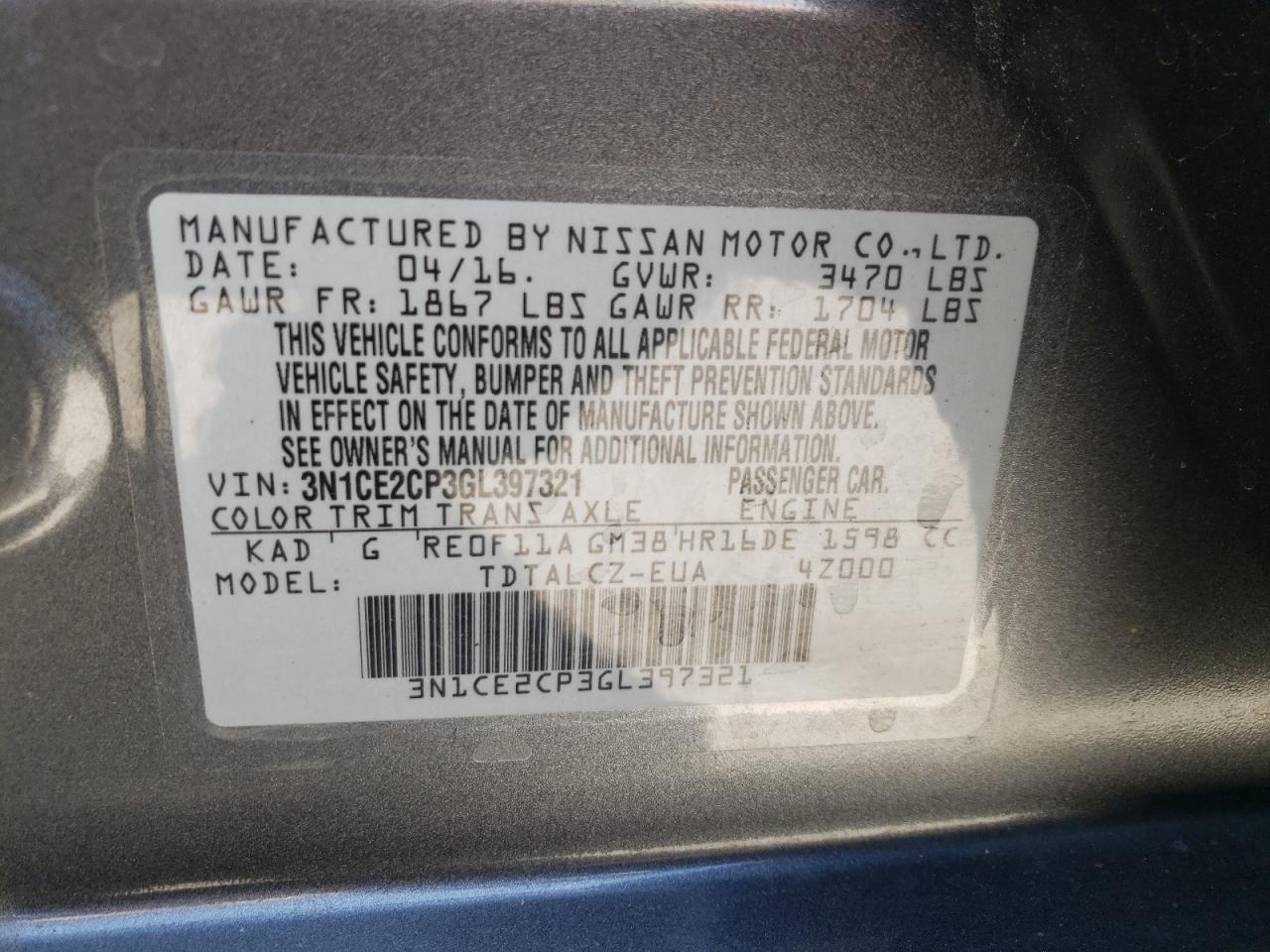 3N1CE2CP3GL397321 2016 Nissan Versa Note S