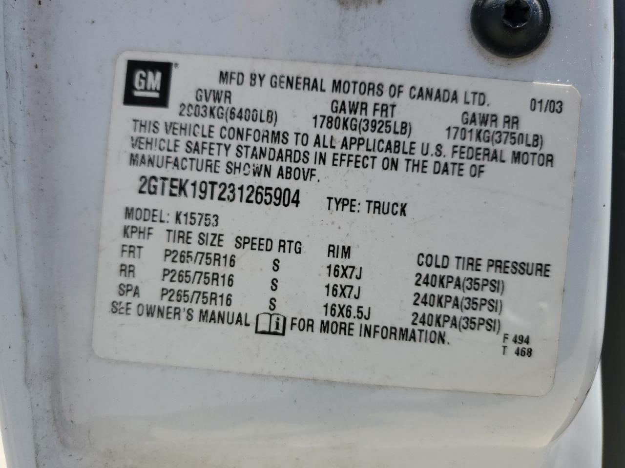 2GTEK19T231265904 2003 GMC New Sierra K1500