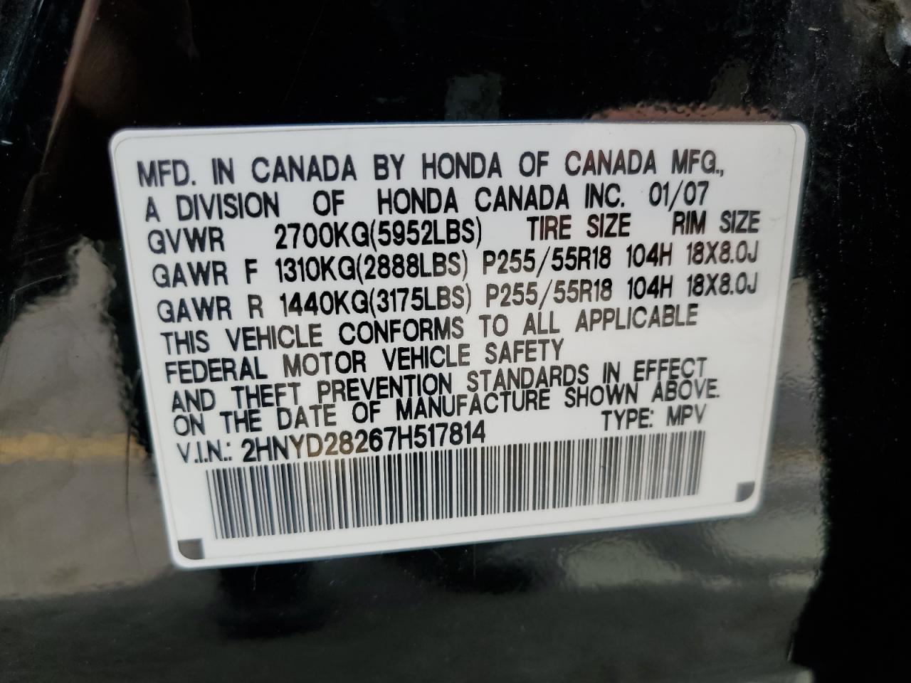 2HNYD28267H517814 2007 Acura Mdx
