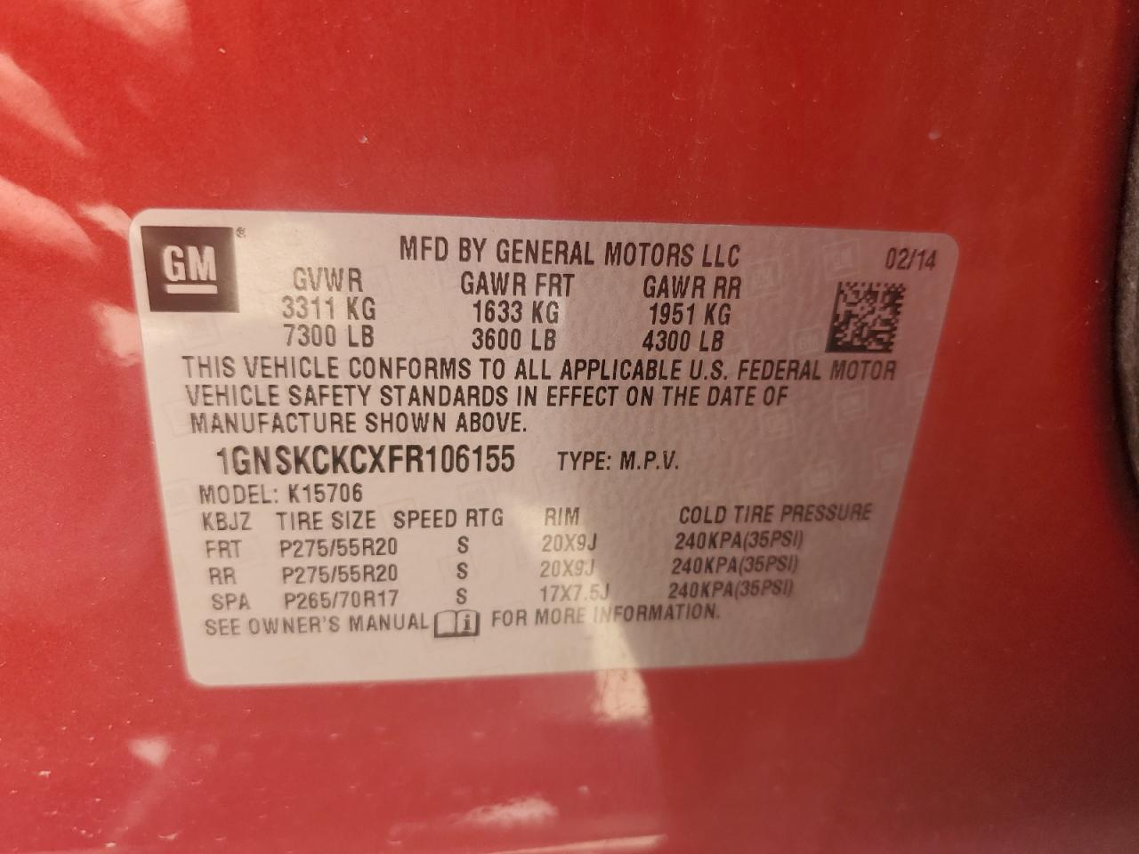 1GNSKCKCXFR106155 2015 Chevrolet Tahoe K1500 Ltz