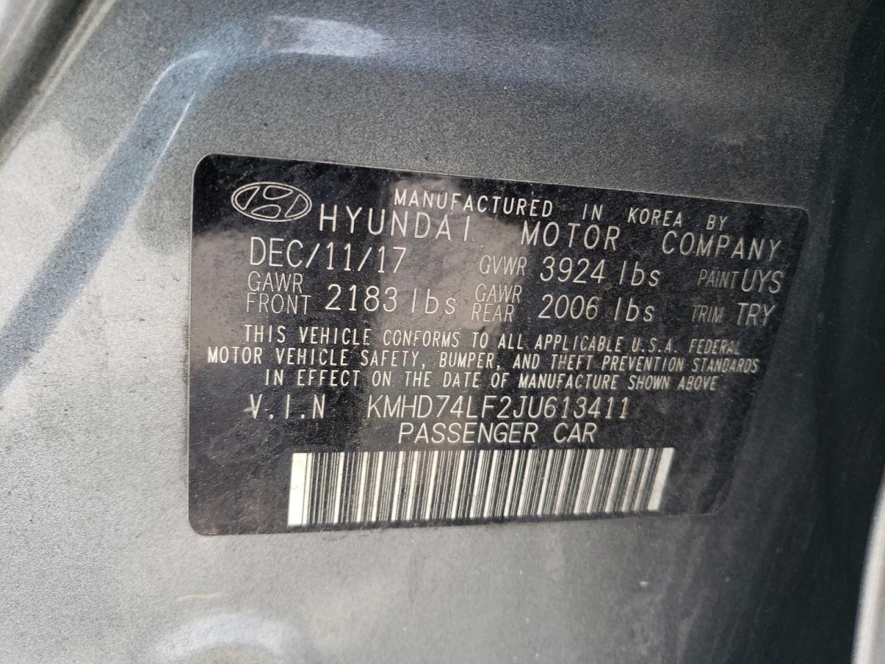 KMHD74LF2JU613411 2018 Hyundai Elantra Se