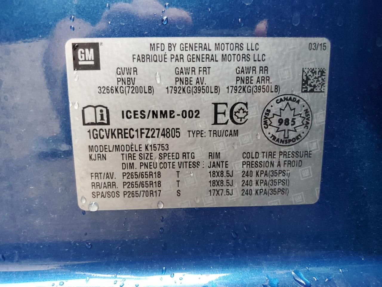 1GCVKREC1FZ274805 2015 Chevrolet Silverado K1500 Lt