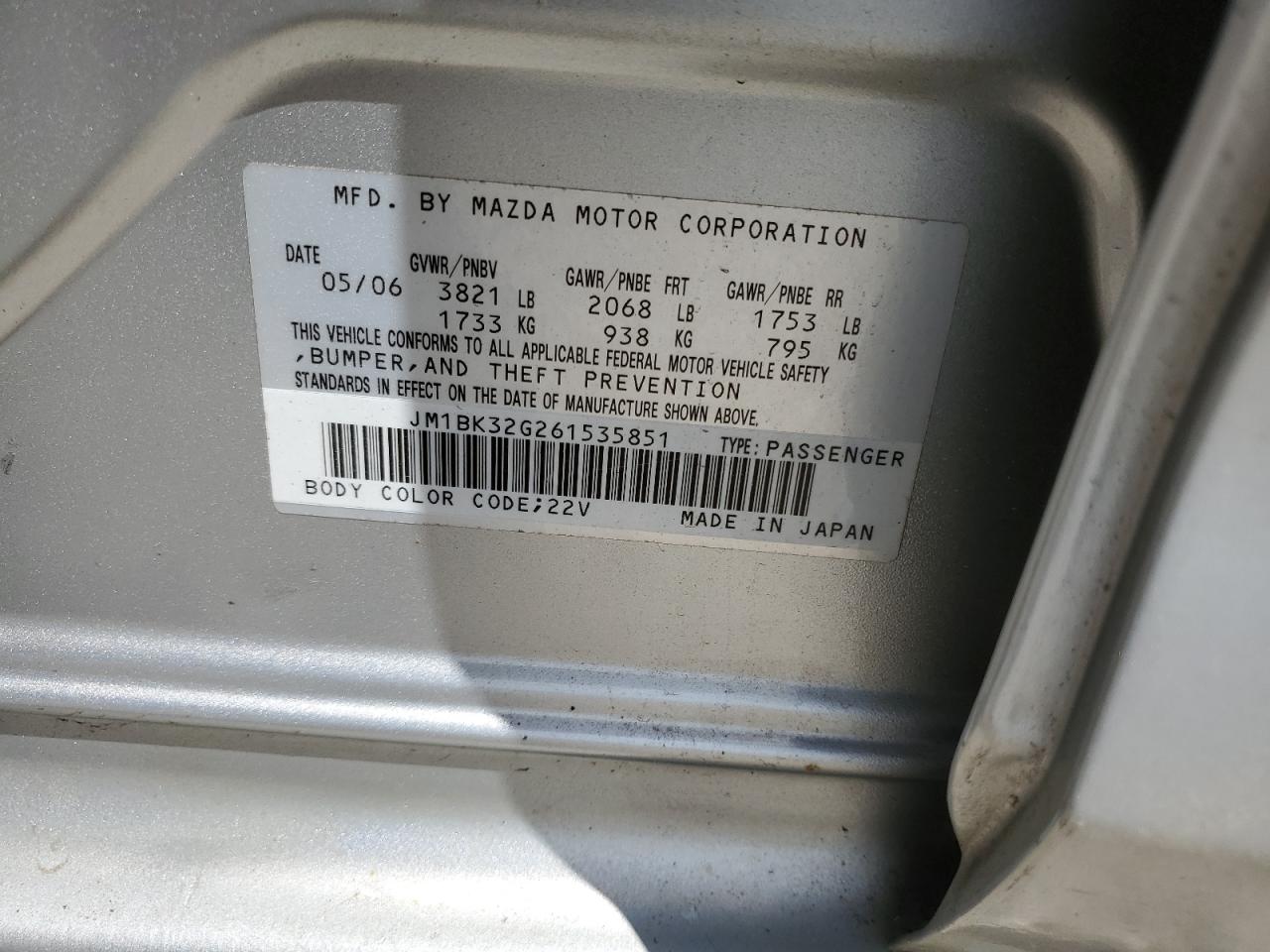 JM1BK32G261535851 2006 Mazda 3 I