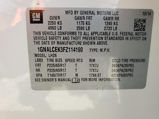 2015 Chevrolet Equinox Lt VIN: 1GNALCEK3FZ114190 Lot: 56078234