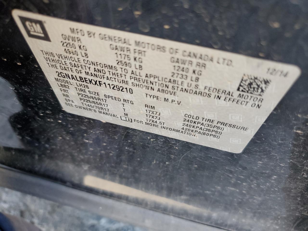 2015 Chevrolet Equinox Lt vin: 2GNALBEKXF1129210