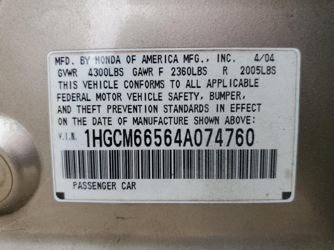 1HGCM66564A074760 2004 Honda Accord Ex