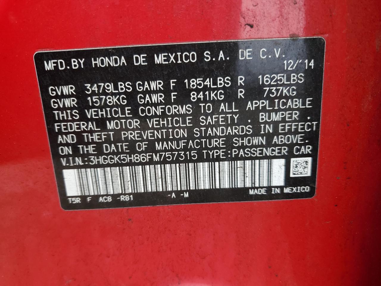 3HGGK5H86FM757315 2015 Honda Fit Ex