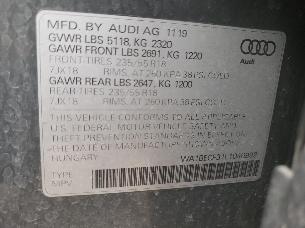 WA1BECF31L1046992 2020 Audi Q3 Premium Plus