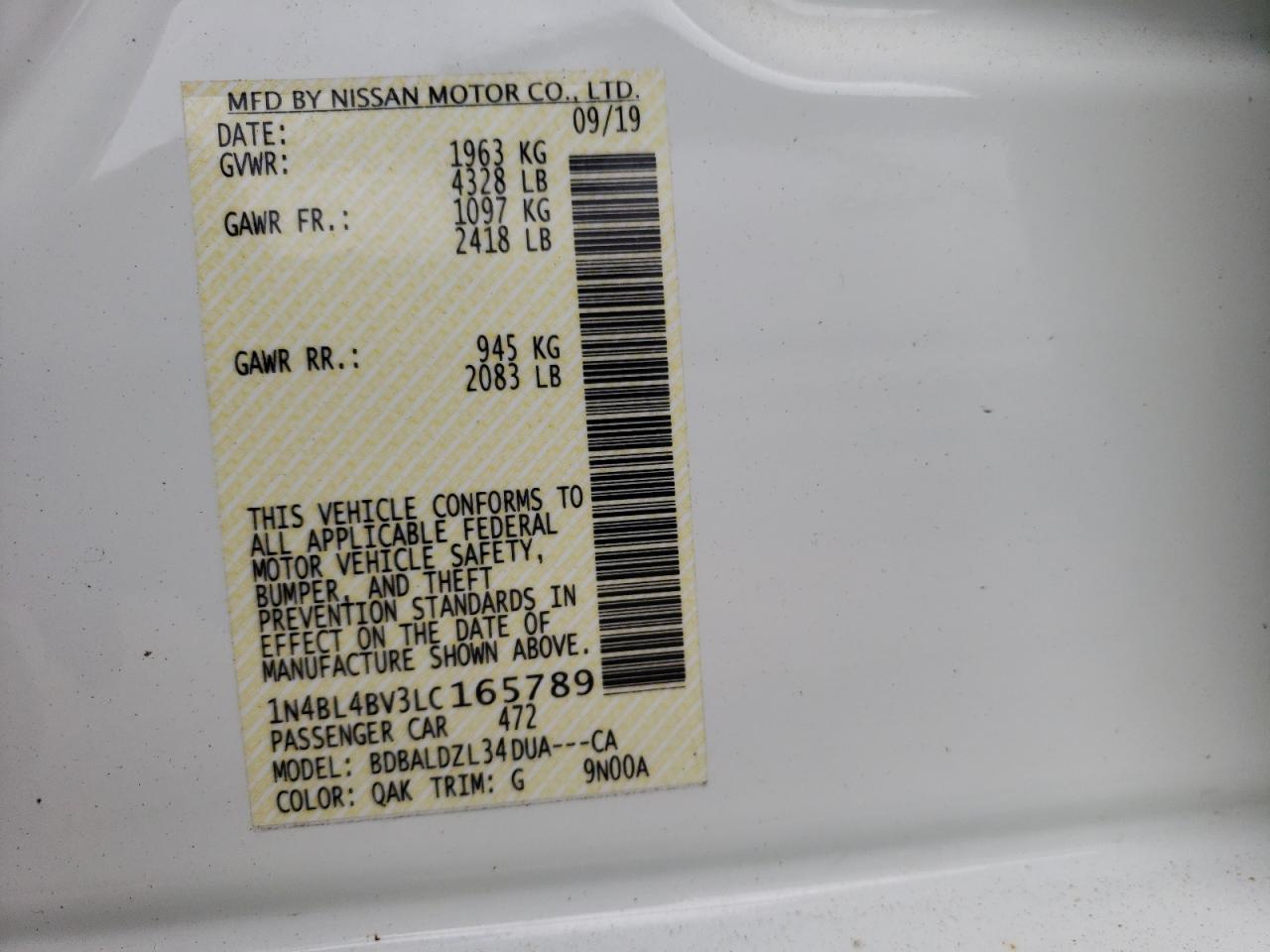 1N4BL4BV3LC165789 2020 Nissan Altima S