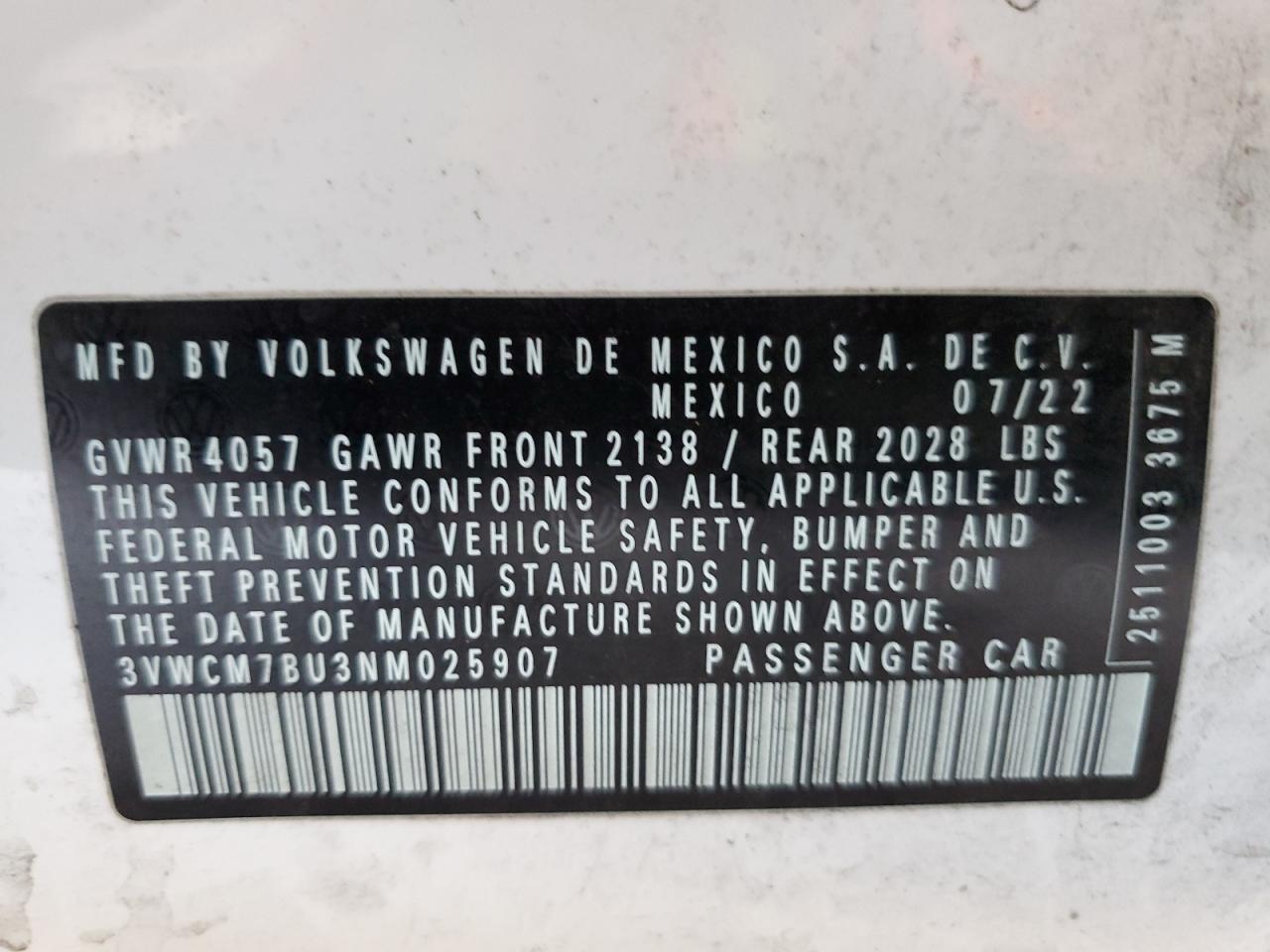 3VWCM7BU3NM025907 2022 Volkswagen Jetta S