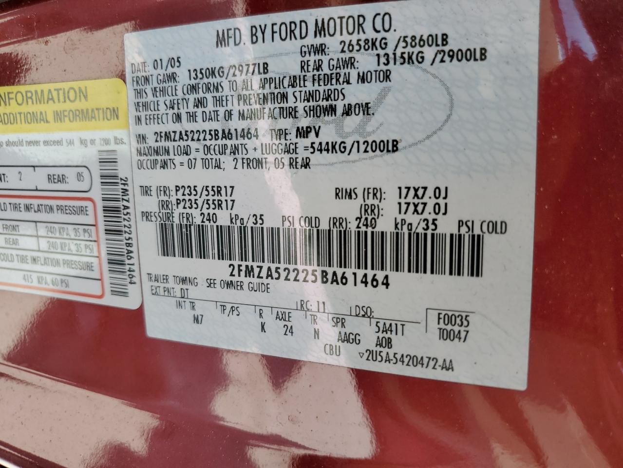 2FMZA52225BA61464 2005 Ford Freestar Sel