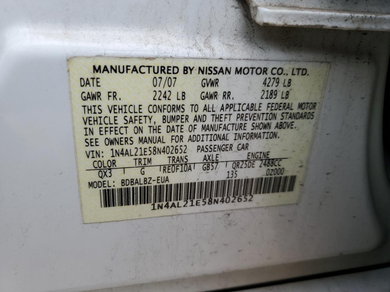 1N4AL21E58N402652 2008 Nissan Altima 2.5