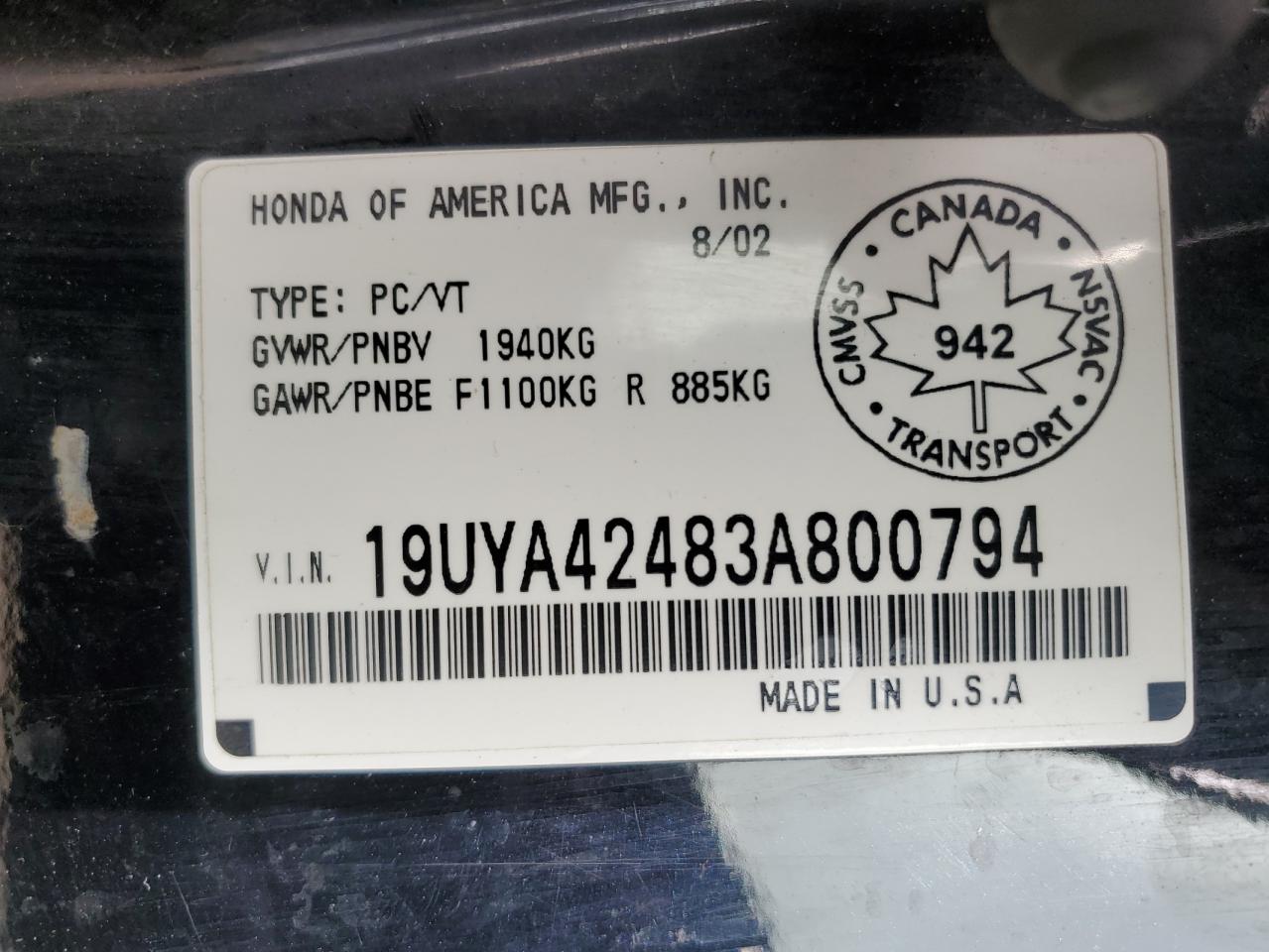 19UYA42483A800794 2003 Acura 3.2Cl