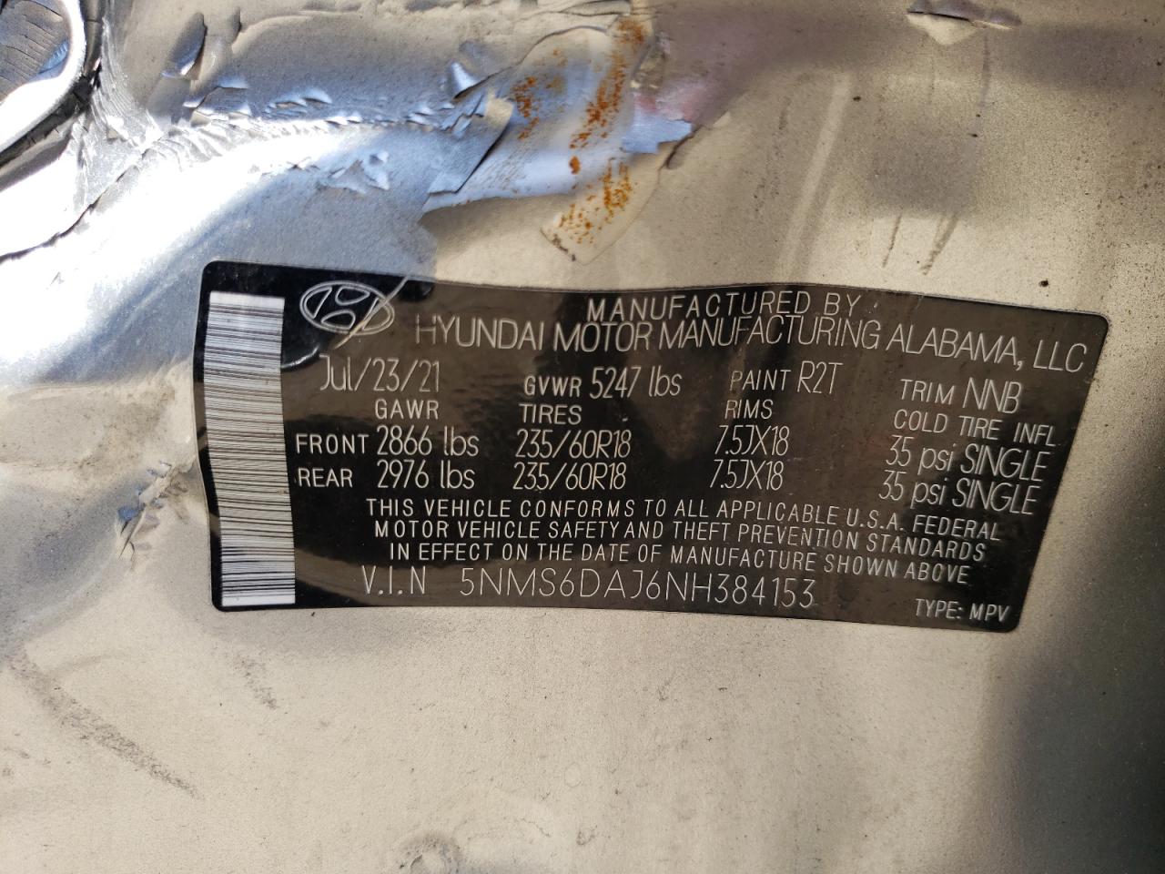 5NMS6DAJ6NH384153 2022 Hyundai Santa Fe Sel