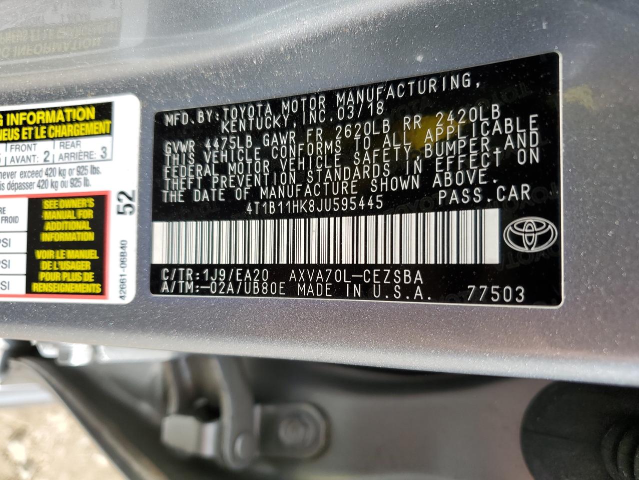 4T1B11HK8JU595445 2018 Toyota Camry L